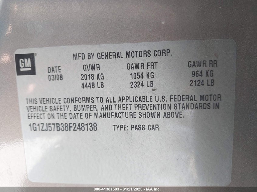2008 CHEVROLET MALIBU VIN: 1G1ZJ57B38F248138