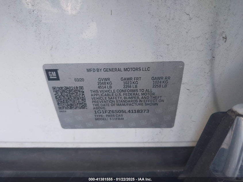 2020 CHEVROLET BOLT EV VIN: 1G1FZ6S05L4118373