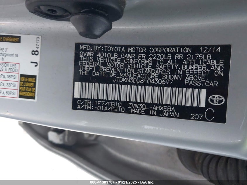2015 TOYOTA PRIUS VIN: JTDKN3DU8F0430697