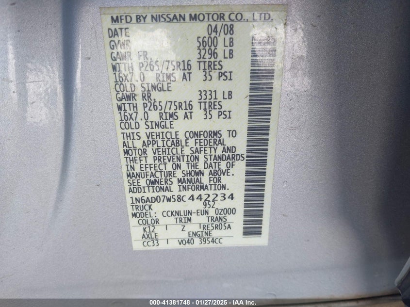 2008 NISSAN FRONTIER VIN: 1N6AD07W58C442234
