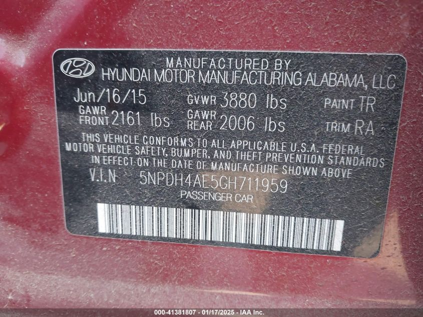 VIN 5NPDH4AE5GH711959 2016 HYUNDAI ELANTRA no.9