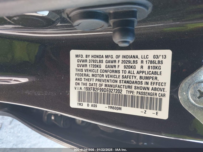 2013 HONDA CIVIC VIN: 19XFB2F99DE027202