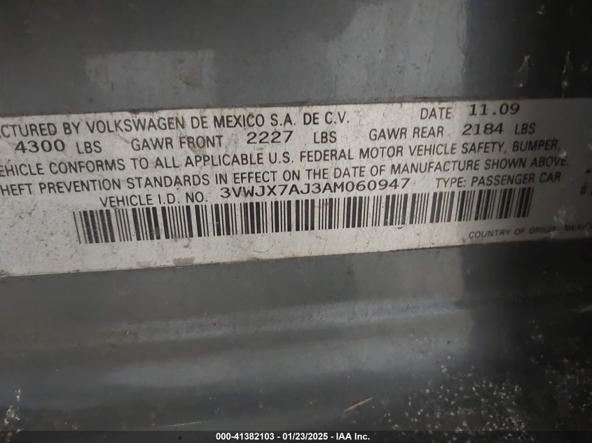 2010 VOLKSWAGEN JETTA VIN: 3VWJX7AJ3AM060947