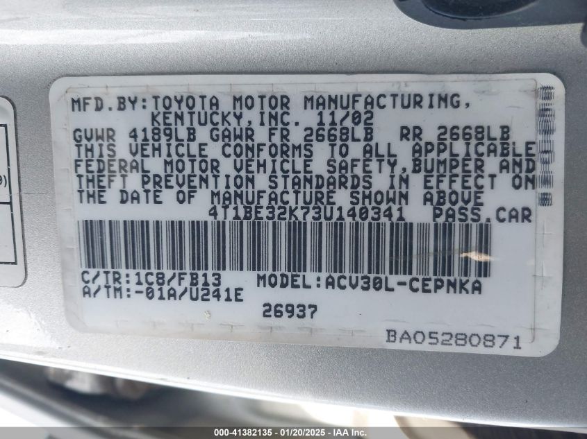 2003 Toyota Camry Le VIN: 4T1BE32K73U140341 Lot: 41382135