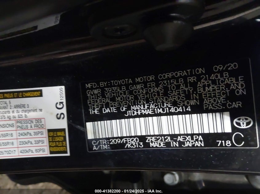 2021 TOYOTA COROLLA VIN: JTDHPMAE1MJ140414