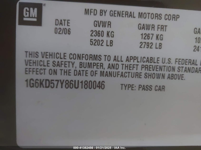 2006 CADILLAC DTS VIN: 1G6KD57Y86U180046