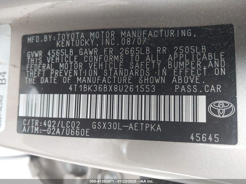 2008 TOYOTA AVALON VIN: 4T1BK36BX8U261553
