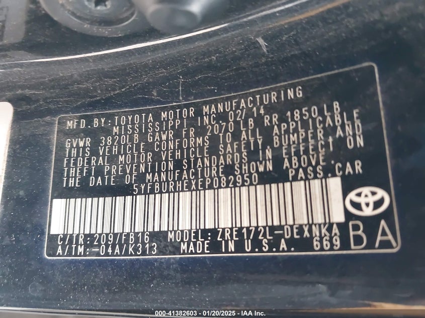 2014 TOYOTA COROLLA VIN: 5YFBURHEXEP082950