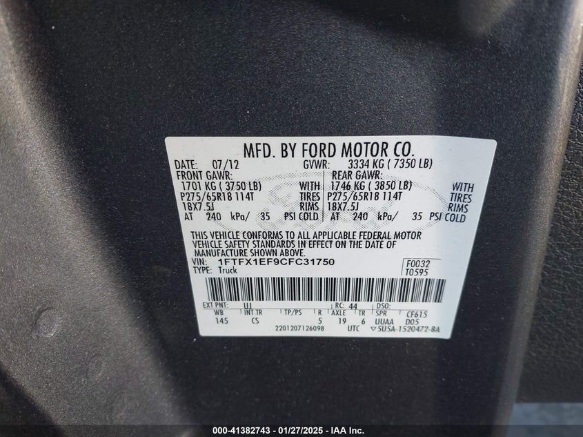 2012 FORD F-150 VIN: 1FTFX1EF9CFC31750