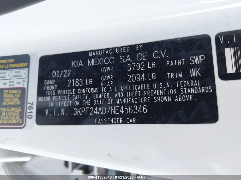2022 Kia Forte Lxs VIN: 3KPF24AD7NE456346 Lot: 41382840