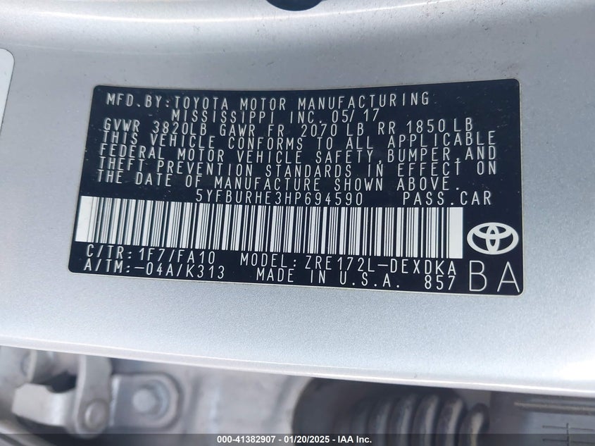 2017 TOYOTA COROLLA VIN: 5YFBURHE3HP694590