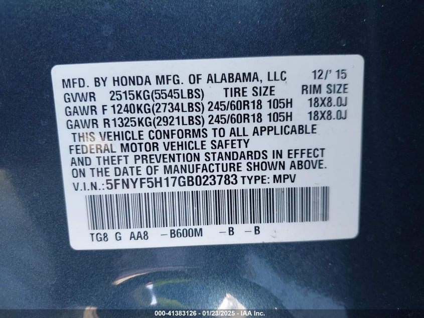 2016 HONDA PILOT LX - 5FNYF5H17GB023783