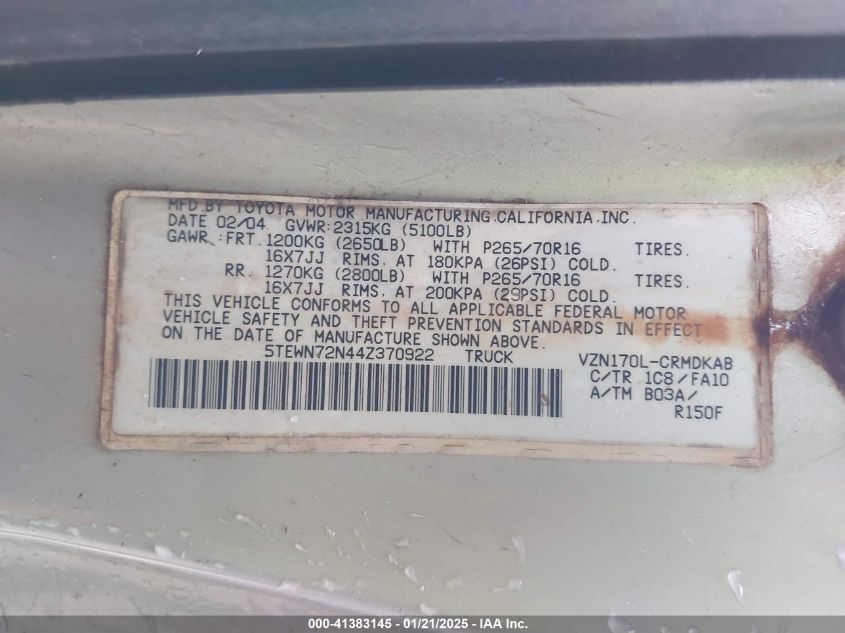 2004 Toyota Tacoma Base V6 VIN: 5TEWN72N44Z370922 Lot: 41383145