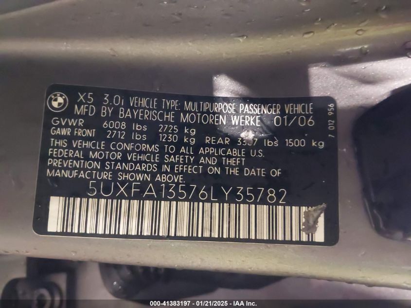 2006 BMW X5 3.0I VIN: 5UXFA135X6LY38109 Lot: 41383197