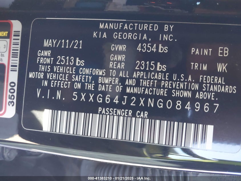 2022 KIA K5 VIN: 5XXG64J2XNG084967