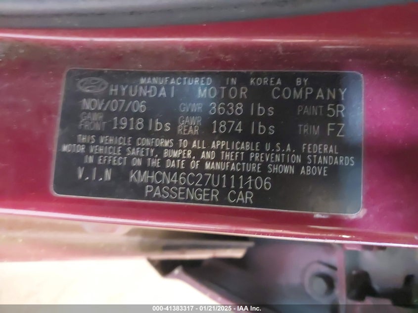 2007 HYUNDAI ACCENT VIN: KMHCN46C27U111106
