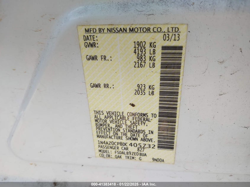 2013 NISSAN LEAF VIN: 1N4AZ0CP8DC405732