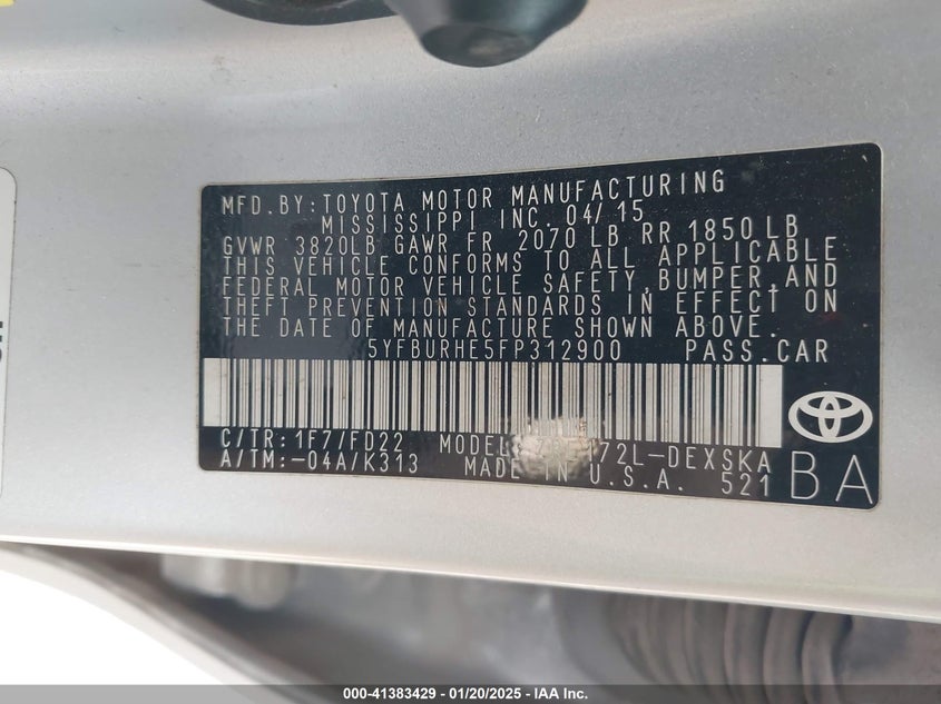 2015 TOYOTA COROLLA VIN: 5YFBURHE5FP312900