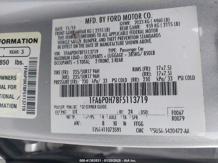 2015 Ford Fusion Se VIN: 1FA6P0H78F5113719 Lot: 41383531