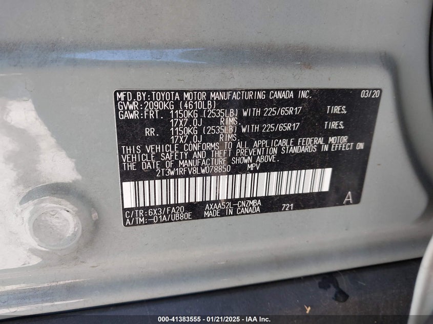 VIN 2T3W1RFV8LW078850 2020 TOYOTA RAV4 XLE