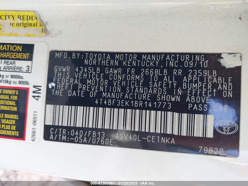 2011 TOYOTA CAMRY VIN: 4T4BF3EK1BR141773