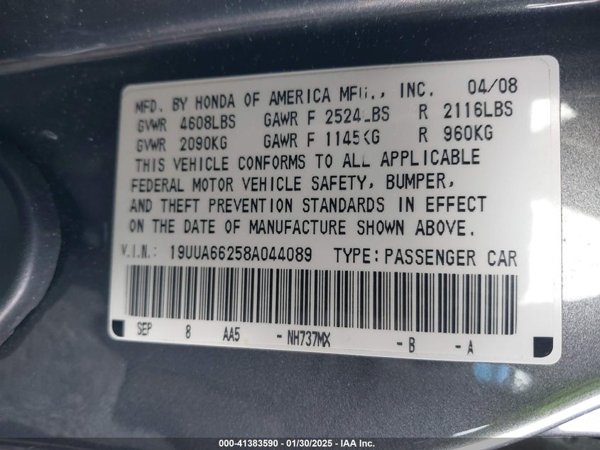 2008 ACURA TL VIN: 19UUA66258A044089