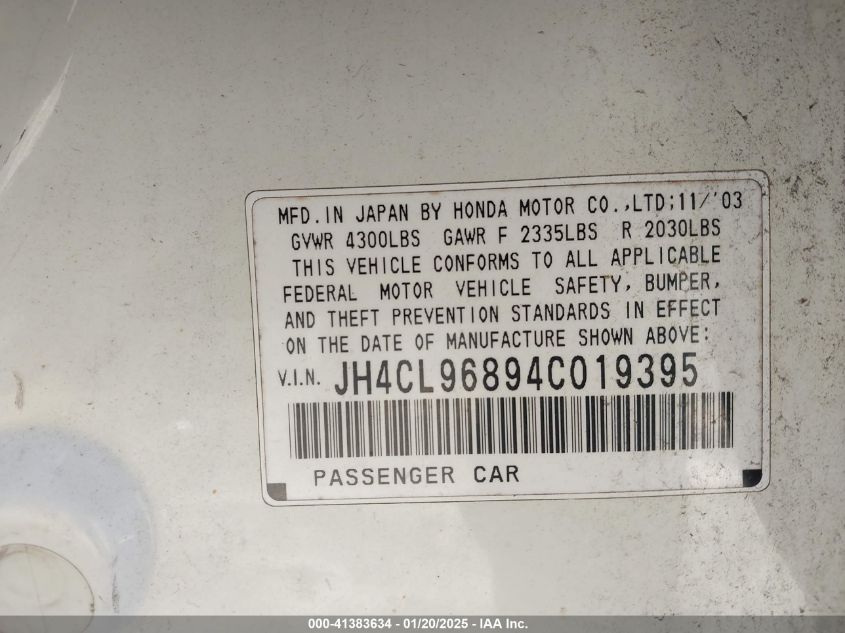 2004 Acura Tsx VIN: JH4CL96894C019395 Lot: 41383634