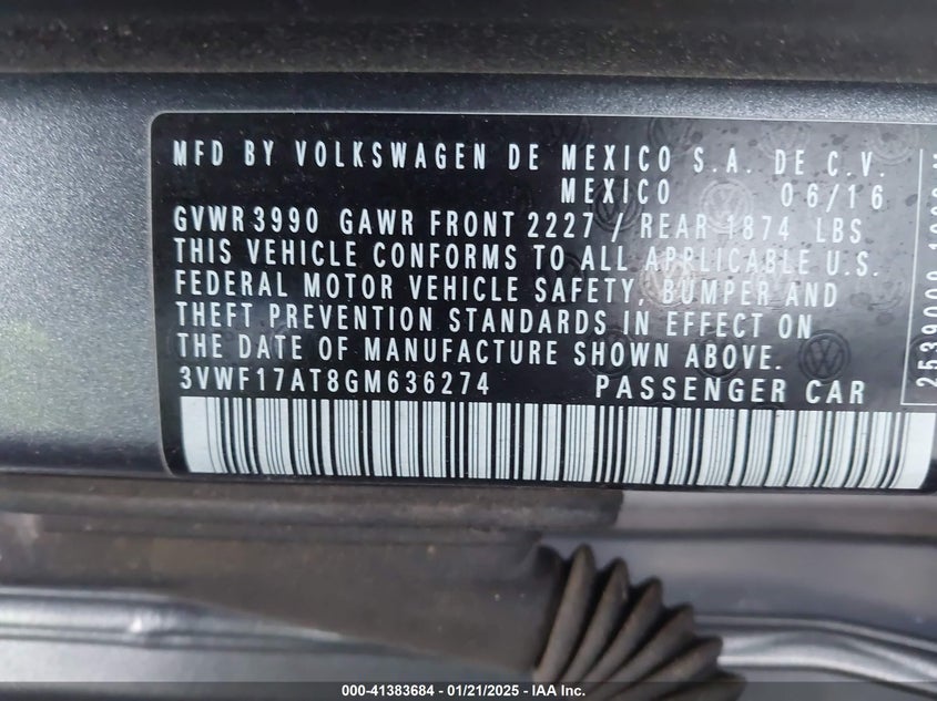 2016 VOLKSWAGEN BEETLE VIN: 3VWF17AT8GM636274