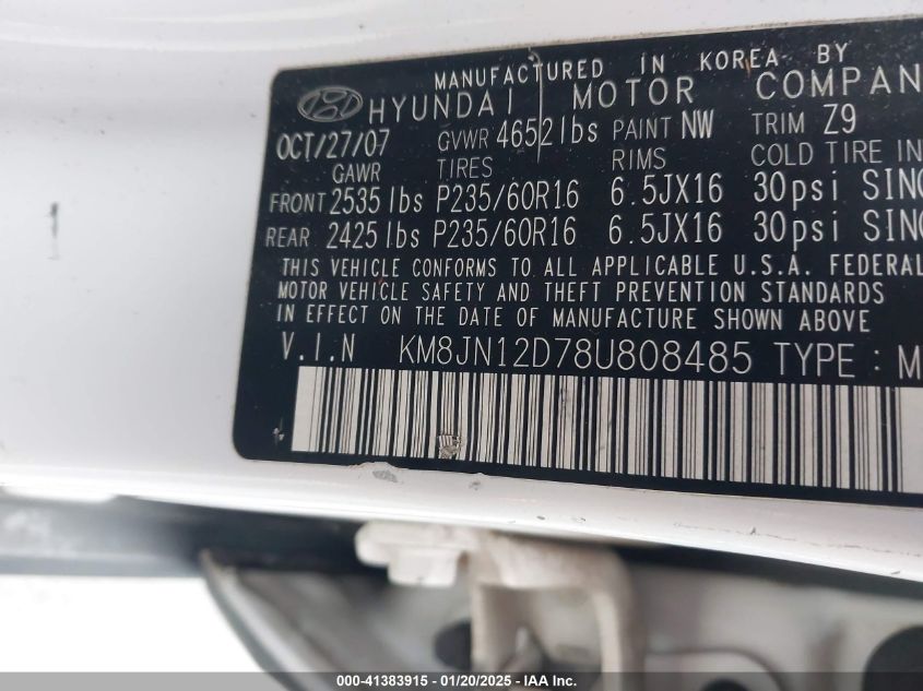 2008 Hyundai Tucson VIN: KM8JN12D78U808485 Lot: 41383915