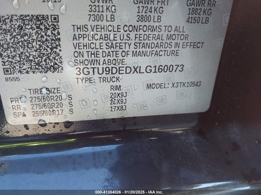 2020 GMC SIERRA 1500 VIN: 3GTU9DEDXLG160073