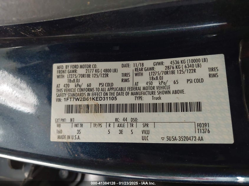 2019 FORD F250 VIN: 1FT7W2B61KED31105