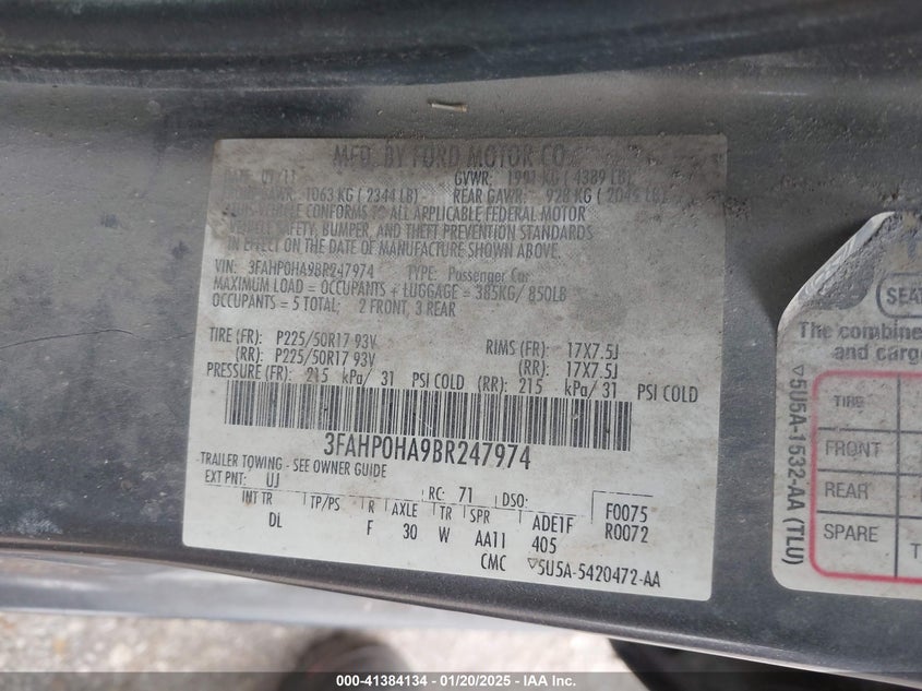 2011 FORD FUSION VIN: 3FAHP0HA9BR247974