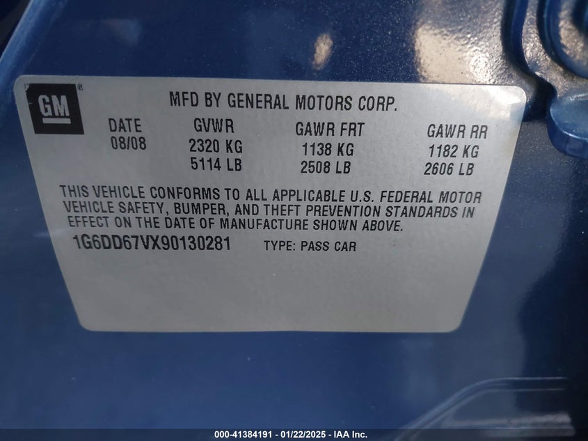 2009 CADILLAC STS VIN: 1G6DD67VX90130281