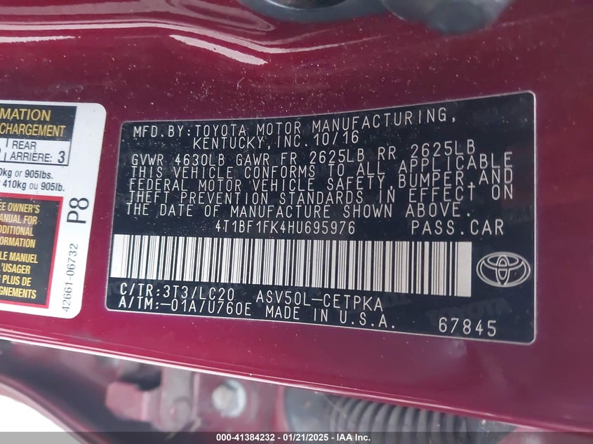 2017 TOYOTA CAMRY VIN: 4T1BF1FK4HU695976