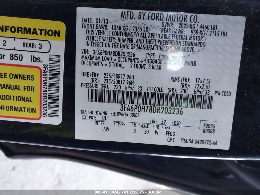 2013 FORD FUSION VIN: 3FA6P0H78DR203236