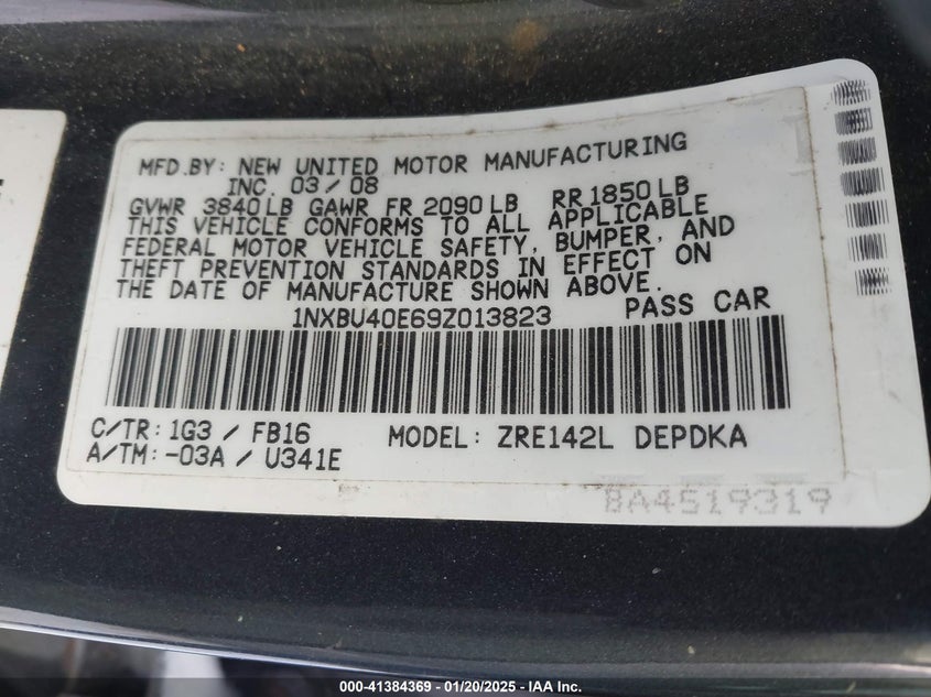 2009 TOYOTA COROLLA VIN: 1NXBU40E69Z013823