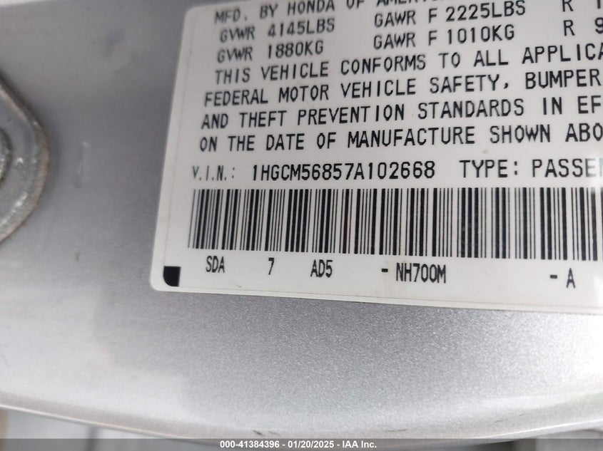 2007 HONDA ACCORD VIN: 1HGCM56857A102668