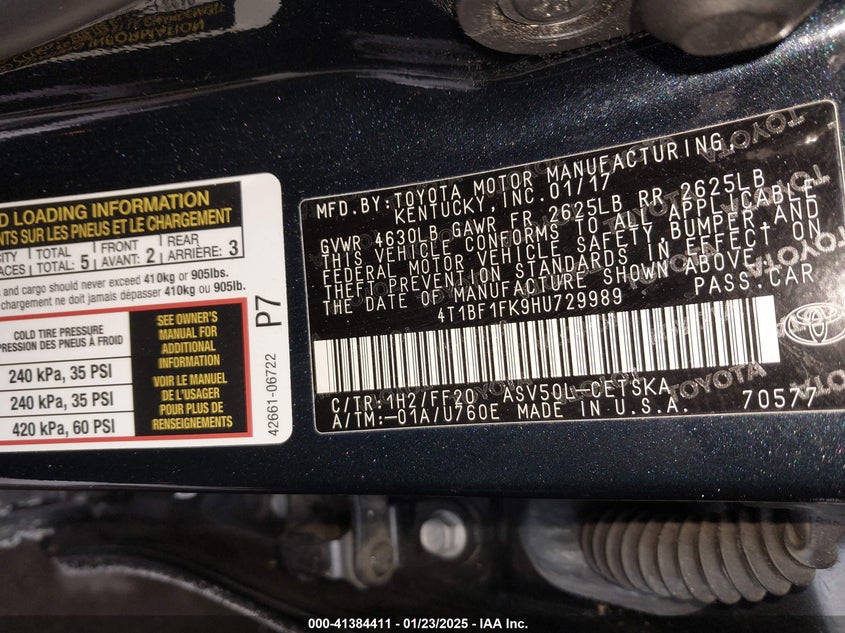 2017 TOYO CAMRY SE AUTOMATIC VIN: 4T1BF1FK9HU729989