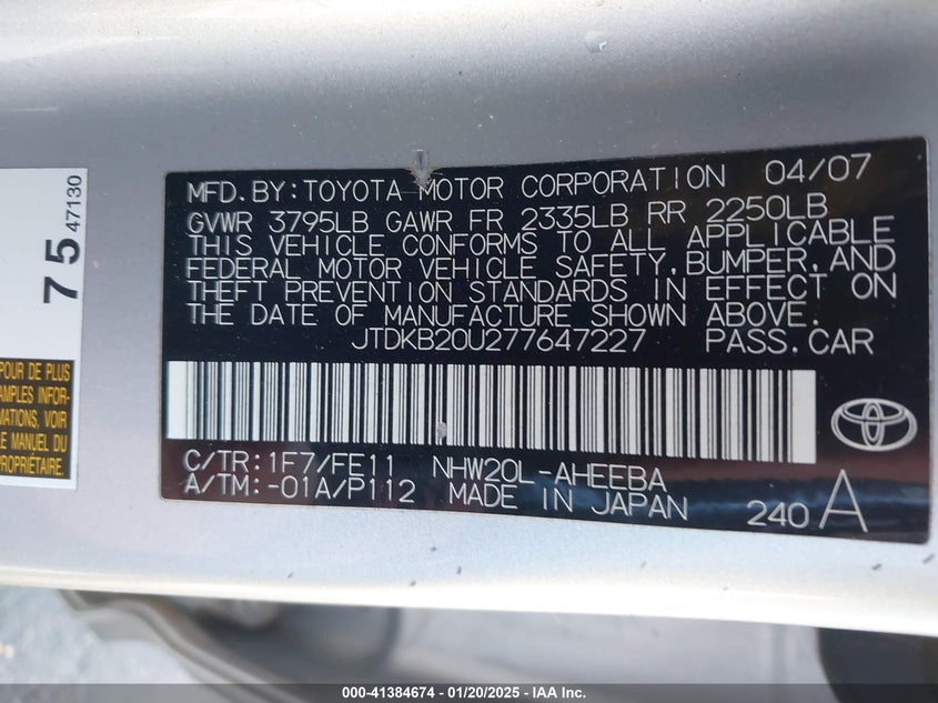 2007 TOYOTA PRIUS VIN: JTDKB20U277647227