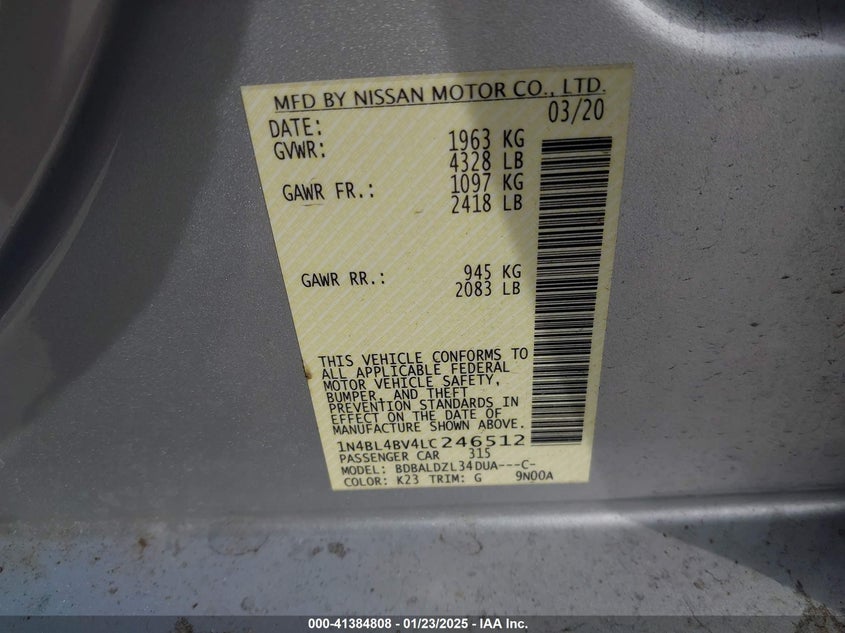 2020 NISSAN ALTIMA VIN: 1N4BL4BV4LC246512