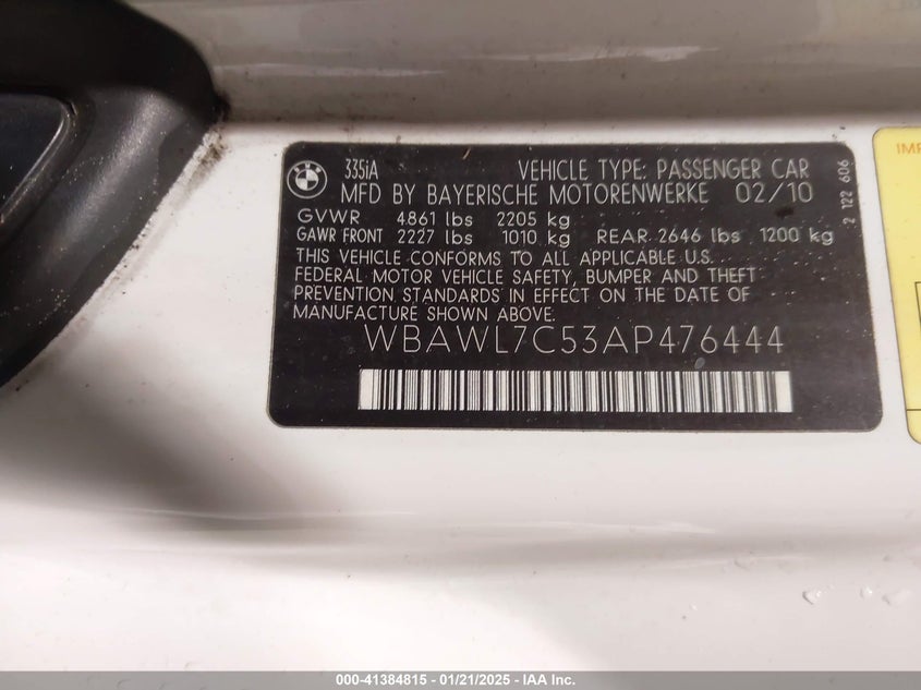 2010 BMW 335I VIN: WBAWL7C53AP476444