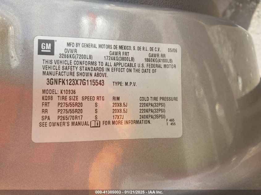 2007 Chevrolet Avalanche 1500 Ltz VIN: 3GNFK123X7G115543 Lot: 41385003