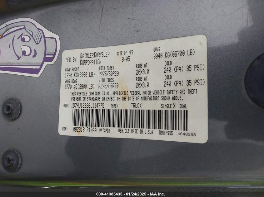 2006 DODGE RAM 1500 VIN: 1D7HU18286J114775