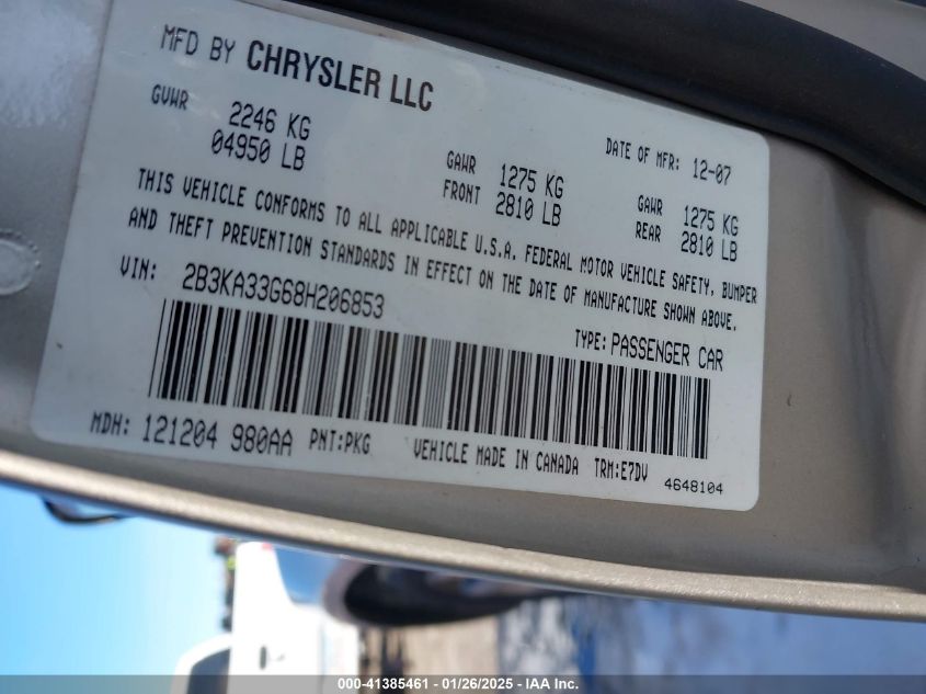 2008 Dodge Charger Sxt VIN: 2B3KA33G68H206853 Lot: 41385461