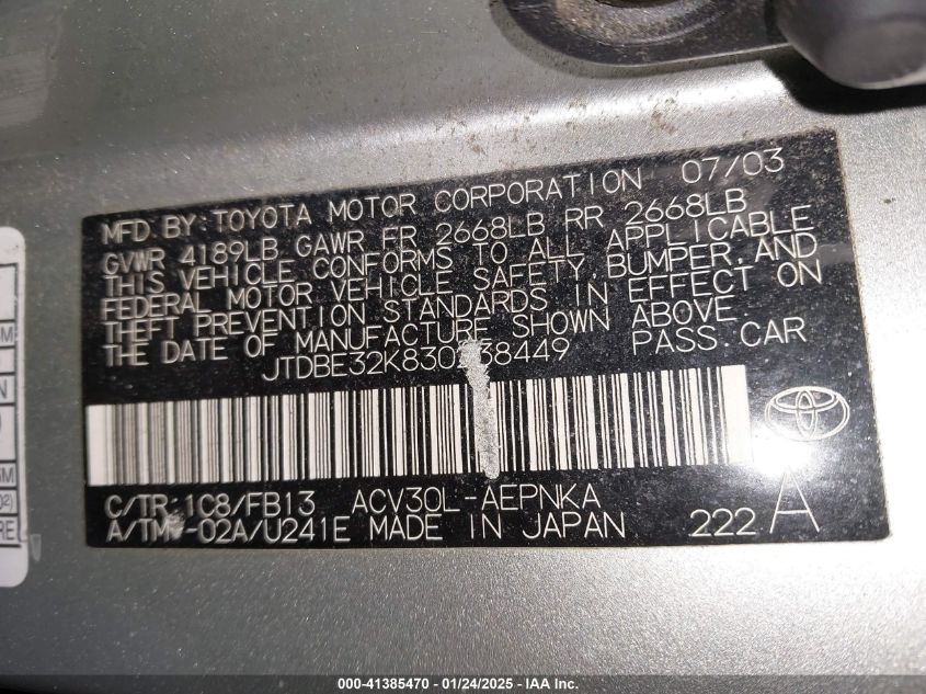 2003 Toyota Camry Le VIN: JTDBE32K830238449 Lot: 41385470