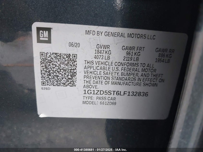 2020 CHEVROLET MALIBU VIN: 1G1ZD5ST6LF132836