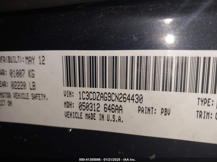 2012 DODGE AVENGER VIN: 1C3CDZAG9CN264430