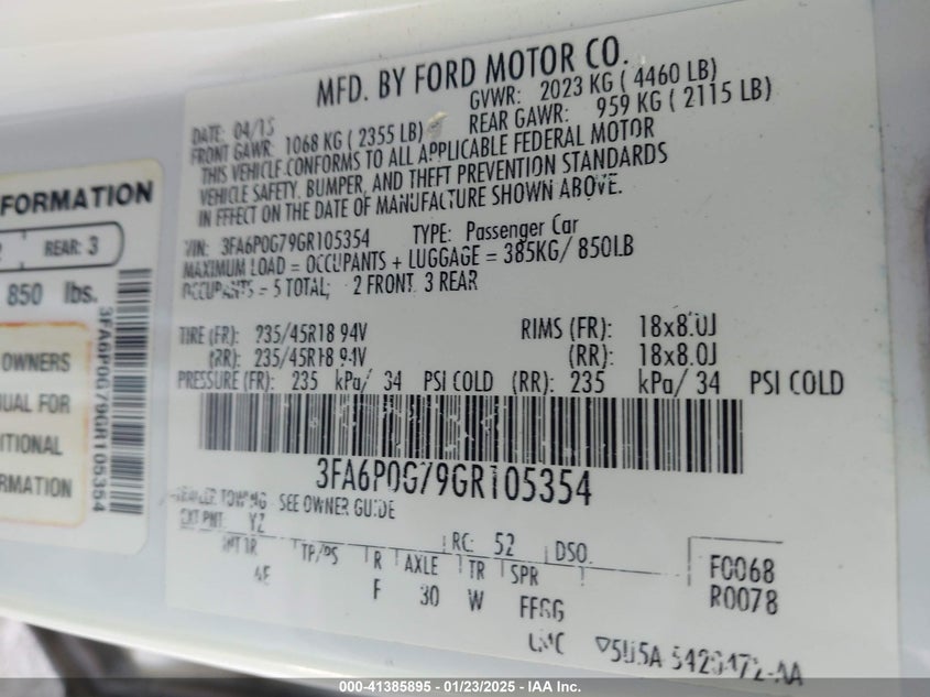 2016 FORD FUSION VIN: 3FA6P0G79GR105354