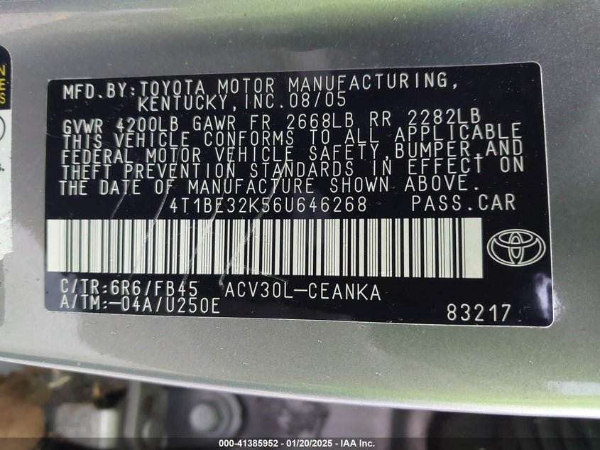 2006 TOYOTA CAMRY VIN: 4T1BE32K56U646268