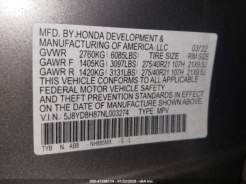 VIN 5J8YD8H87NL003274 2022 ACURA MDX no.9